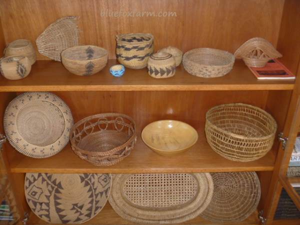 Burl bowl and vintage baskets display well together
