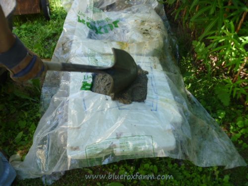 Filling the molds lined with plastic film