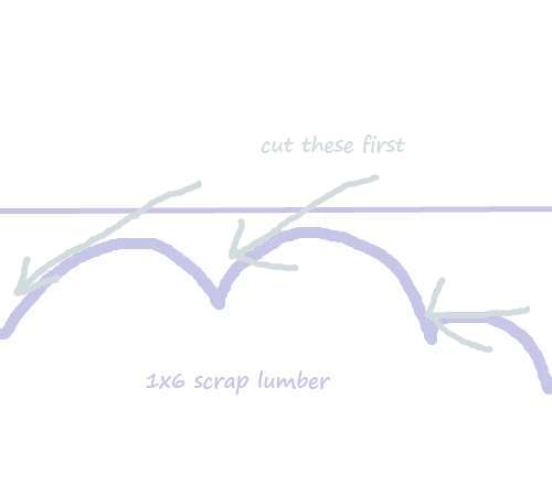 With the saw set at a 45 degree angle, cut one side of each scallop first