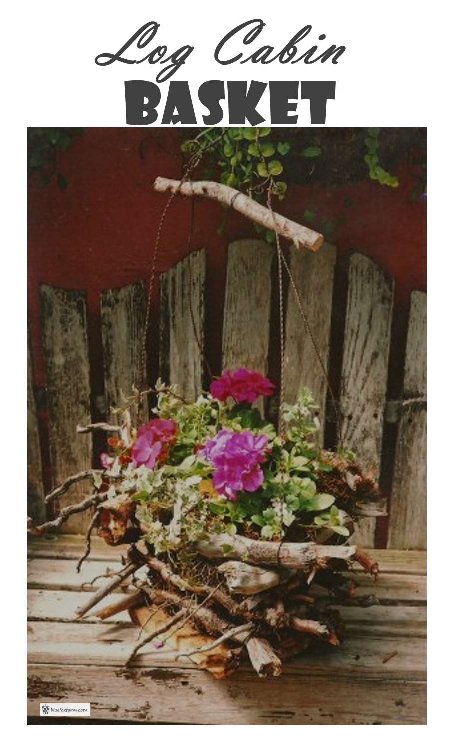 Planted with brightly colored annuals to complement the rustic twigs and roots