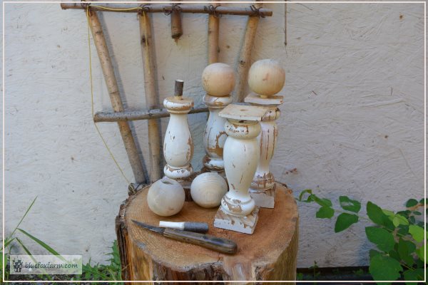 Hand carved dowels form the neck of the Primitive Angels