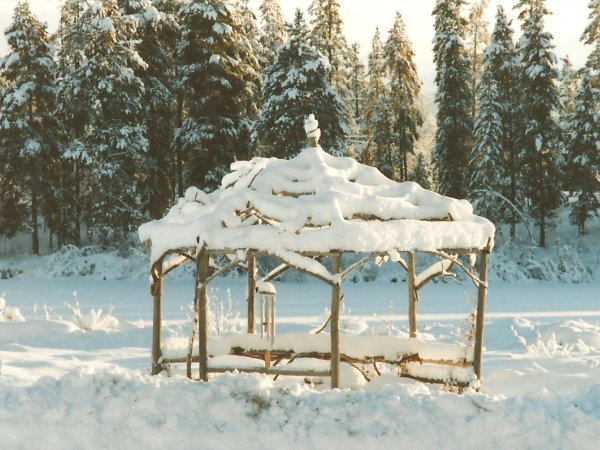 Rustic and twiggy, the gazebo at Tatla Springs makes a long winter bearable...