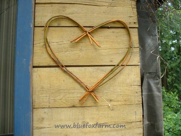 Close up view of the willow twig heart on one side of the window...