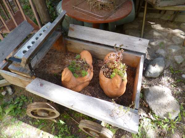 Handmade Wagon and Terracotta Hens